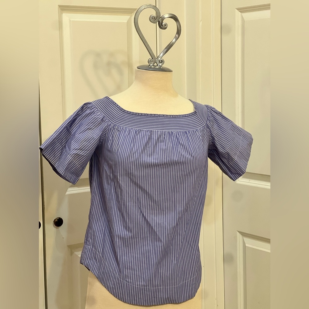 J. CREW EUC Blue & White Pinstriped Off or On Shoulder Top Small